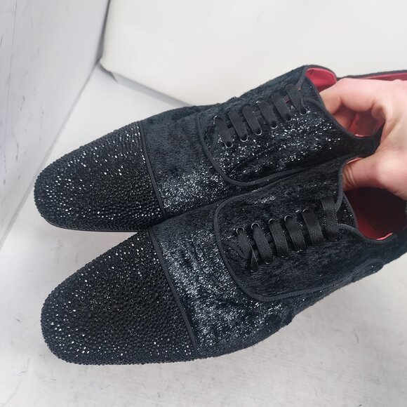 Christian Louboutin Black Greggy Chick Bejeweled Strass Lace Up Velvet Loafer Sh main image 6
